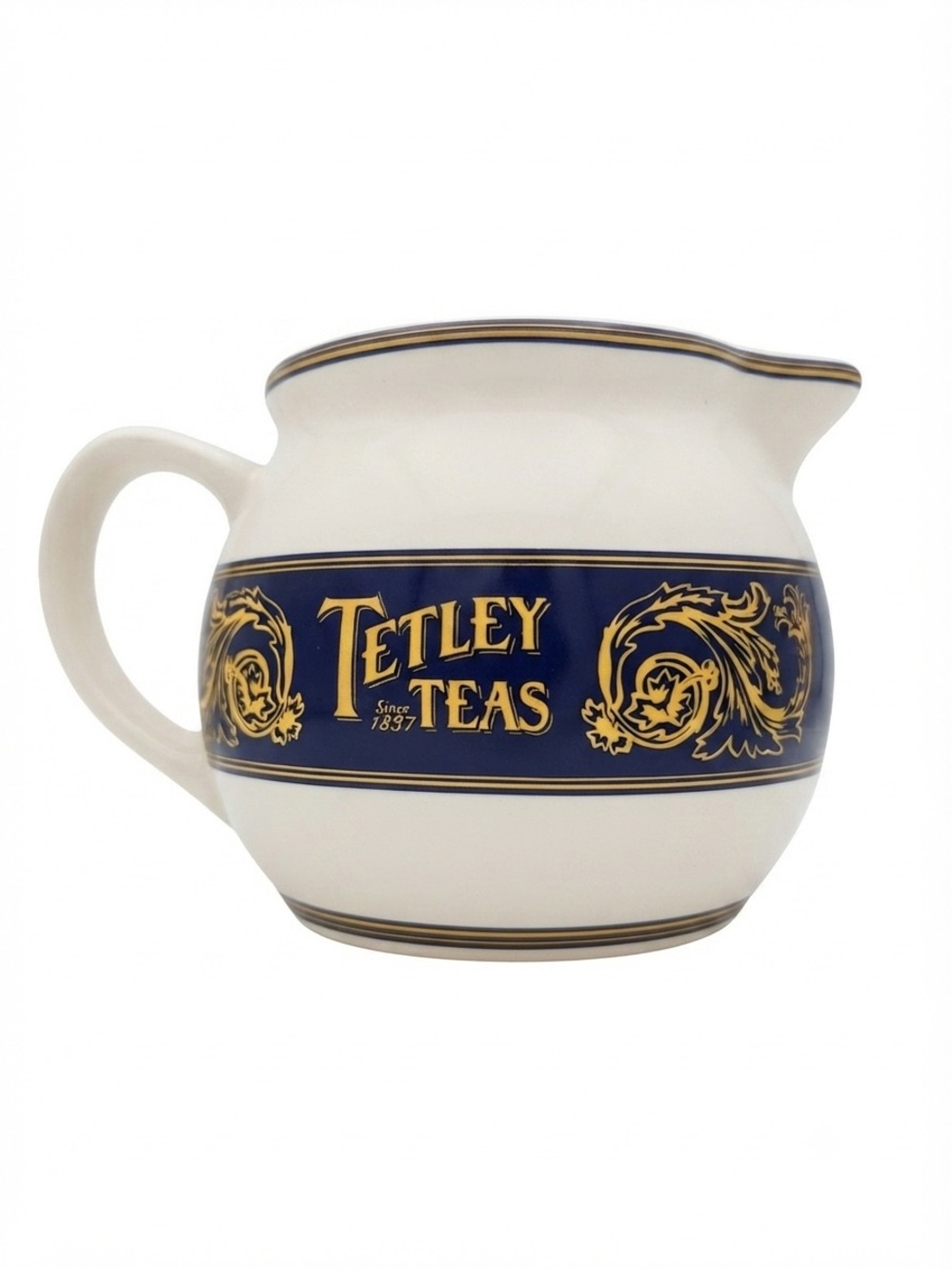 1980s–1990s Tetley Teas Promotional Ceramic Creamer Jug Blue & Gold